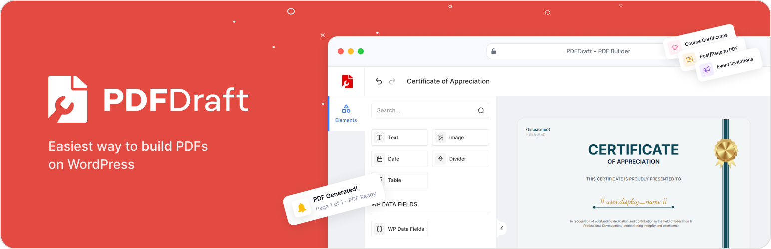 PDFDraft – Drag & Drop PDF Builder, PDF Viewer, Embed & Download PDF, Certificate & Invoice Designer