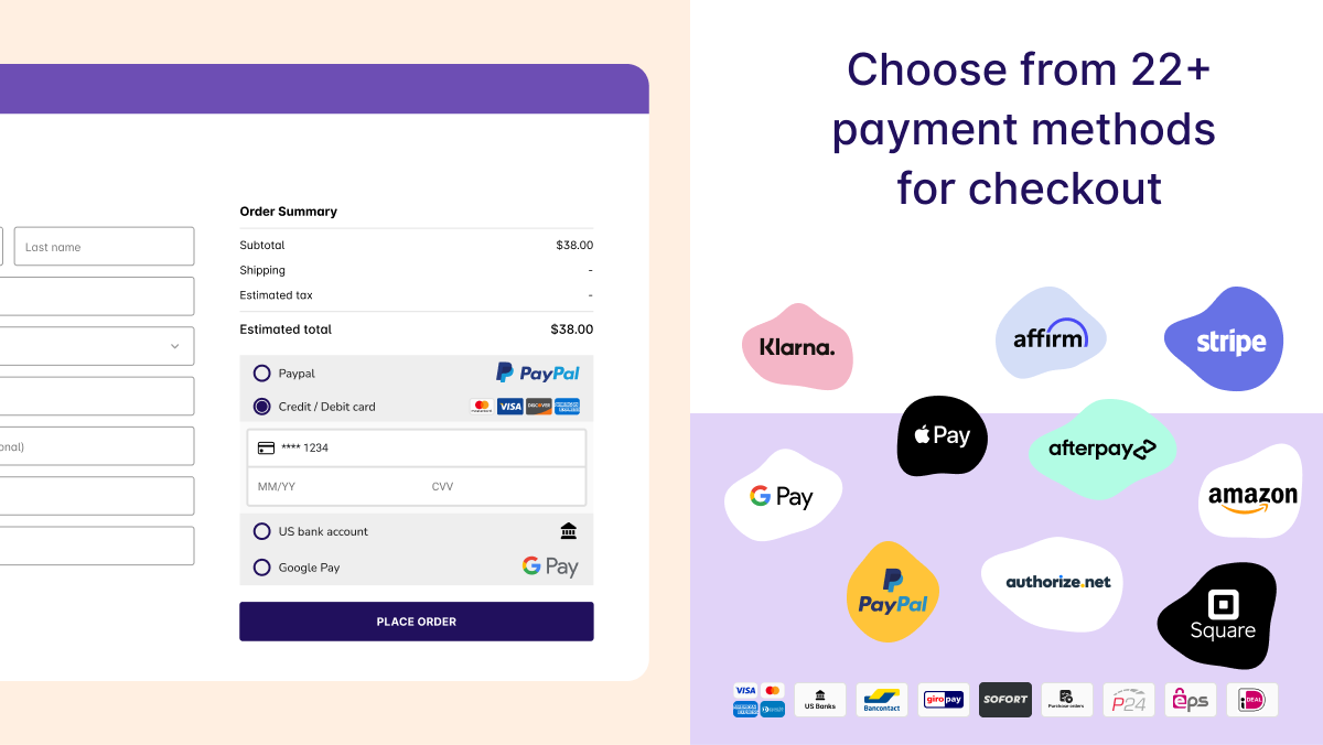 Choose from over 20 payment methods from Stripe, PayPal, Square, Authorize.net, and GoDaddy Poynt
