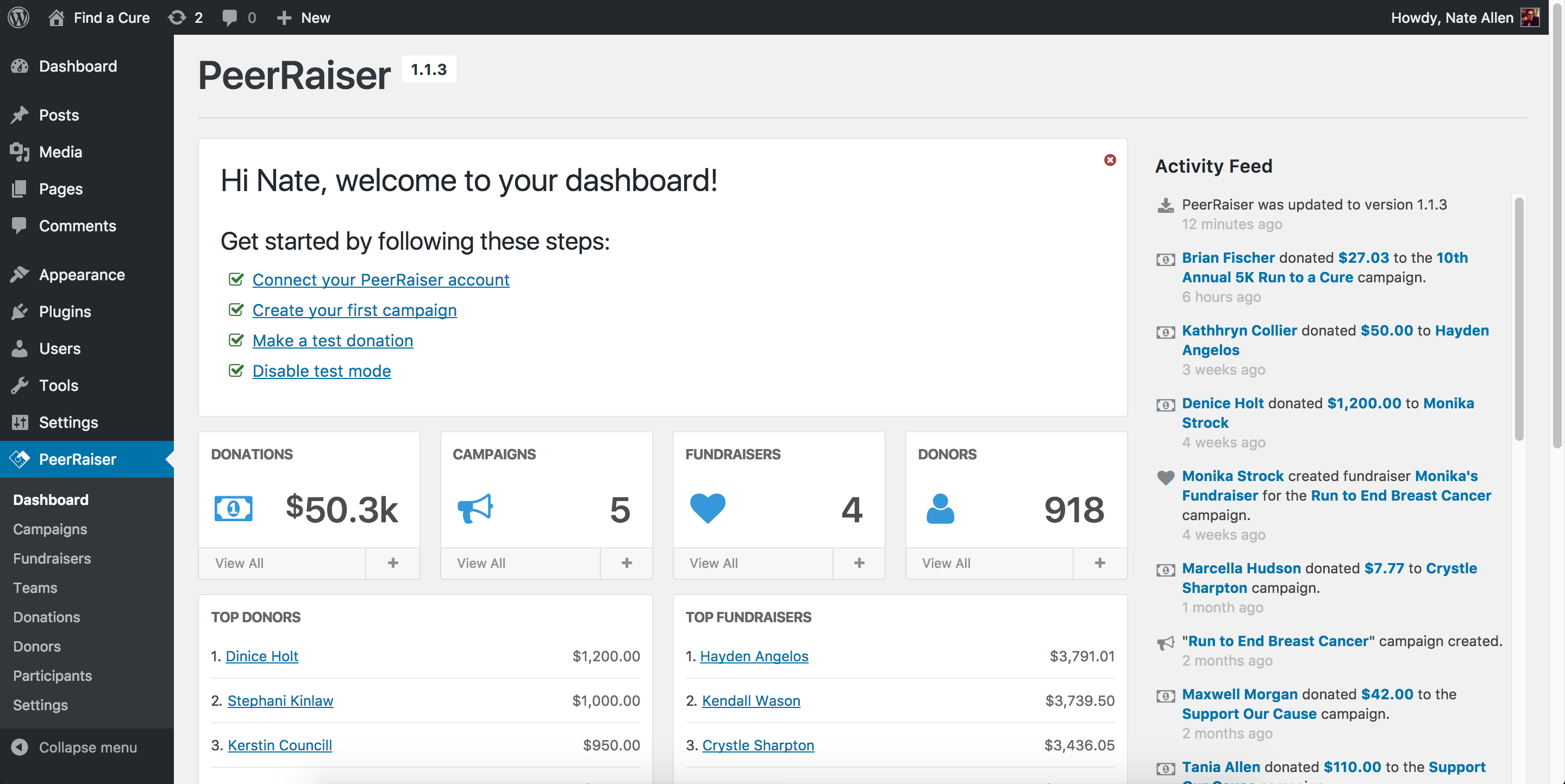Your dashboard, where you can track the progress of your campaigns