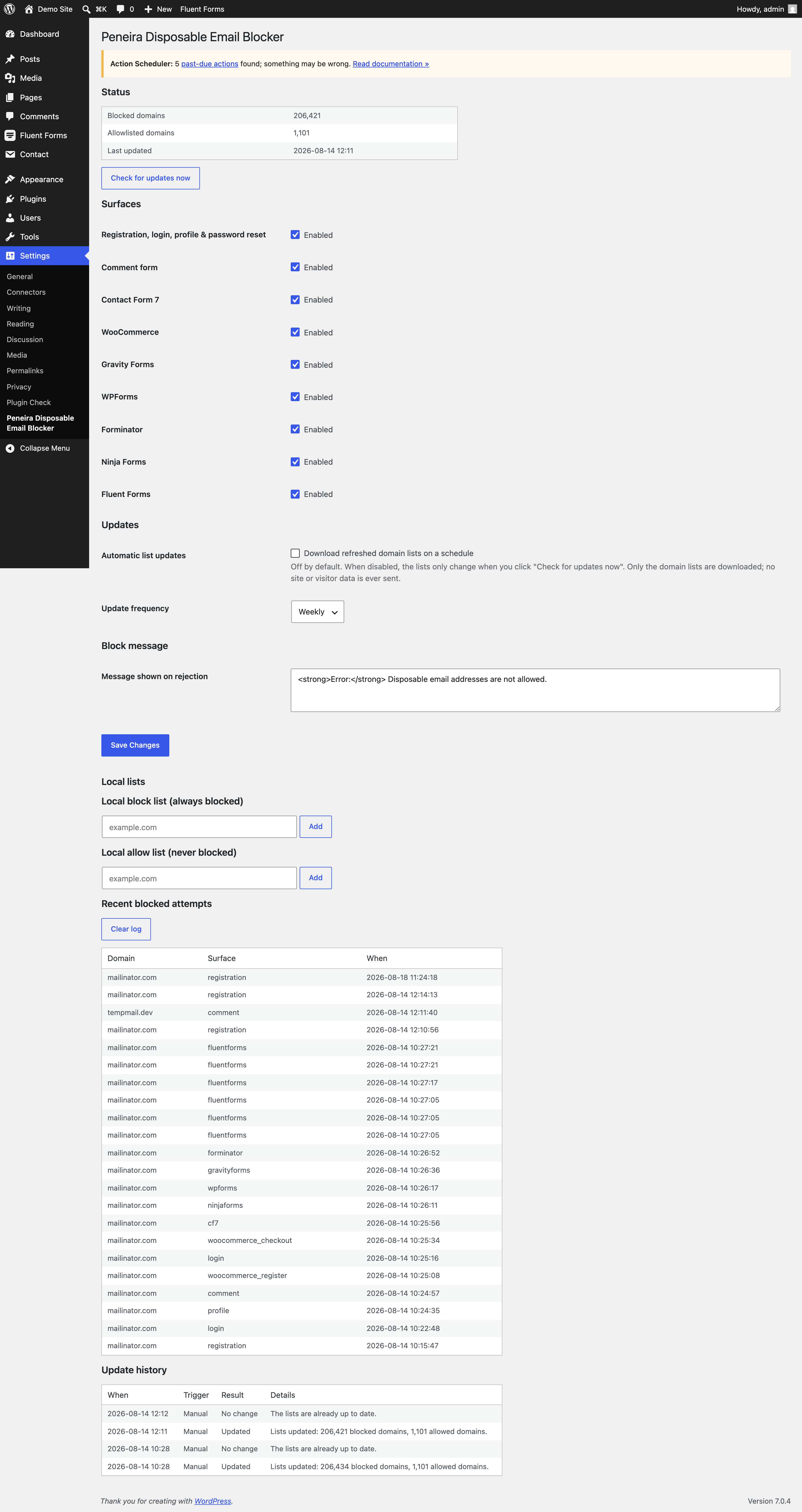 The settings page: surfaces, update frequency, and status.