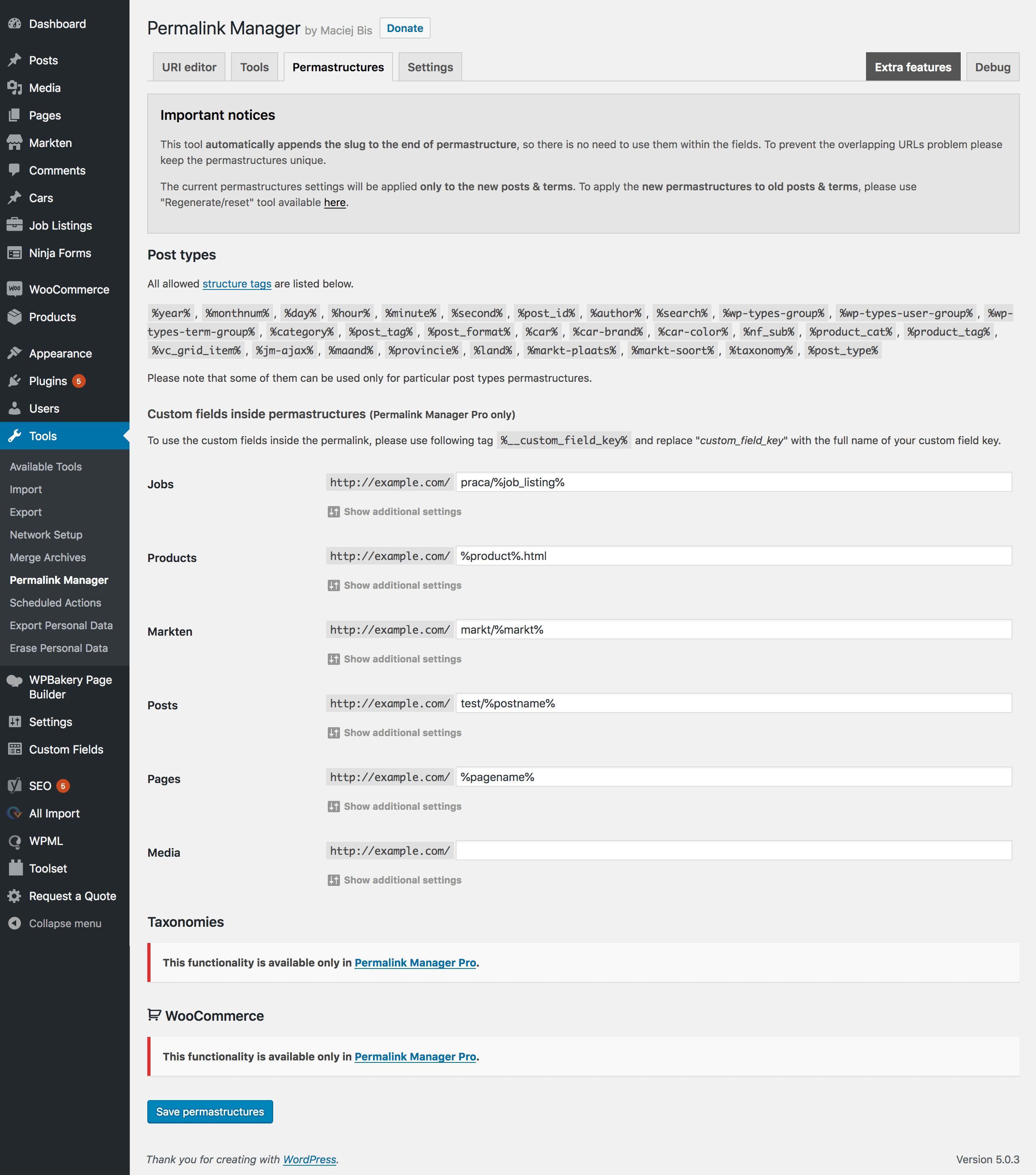 Permastructure settings.