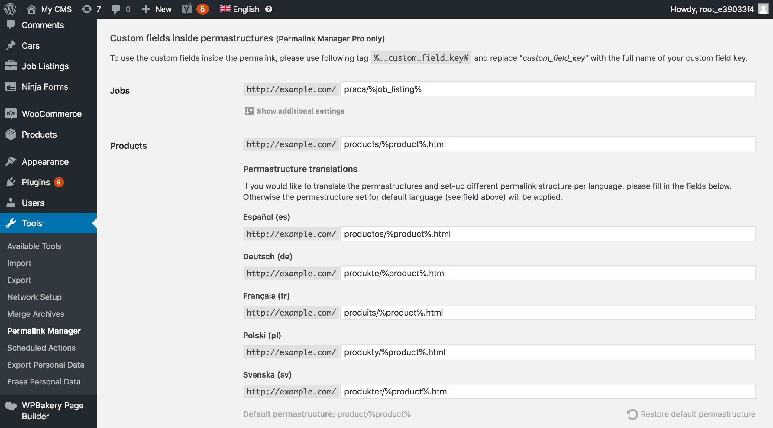 Permastructure settings (different permalink structure per language).