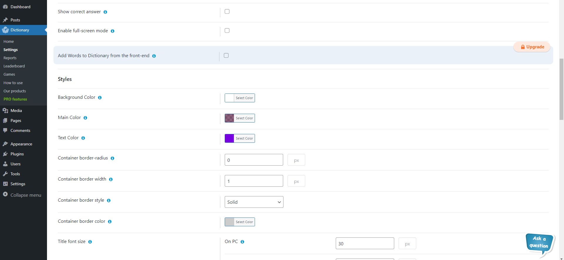 Dictionary - dashboard styles