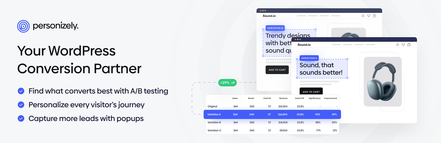 WordPress 外掛 Personizely — A/B Testing, Personalization, Popups & CRO 的封面圖片