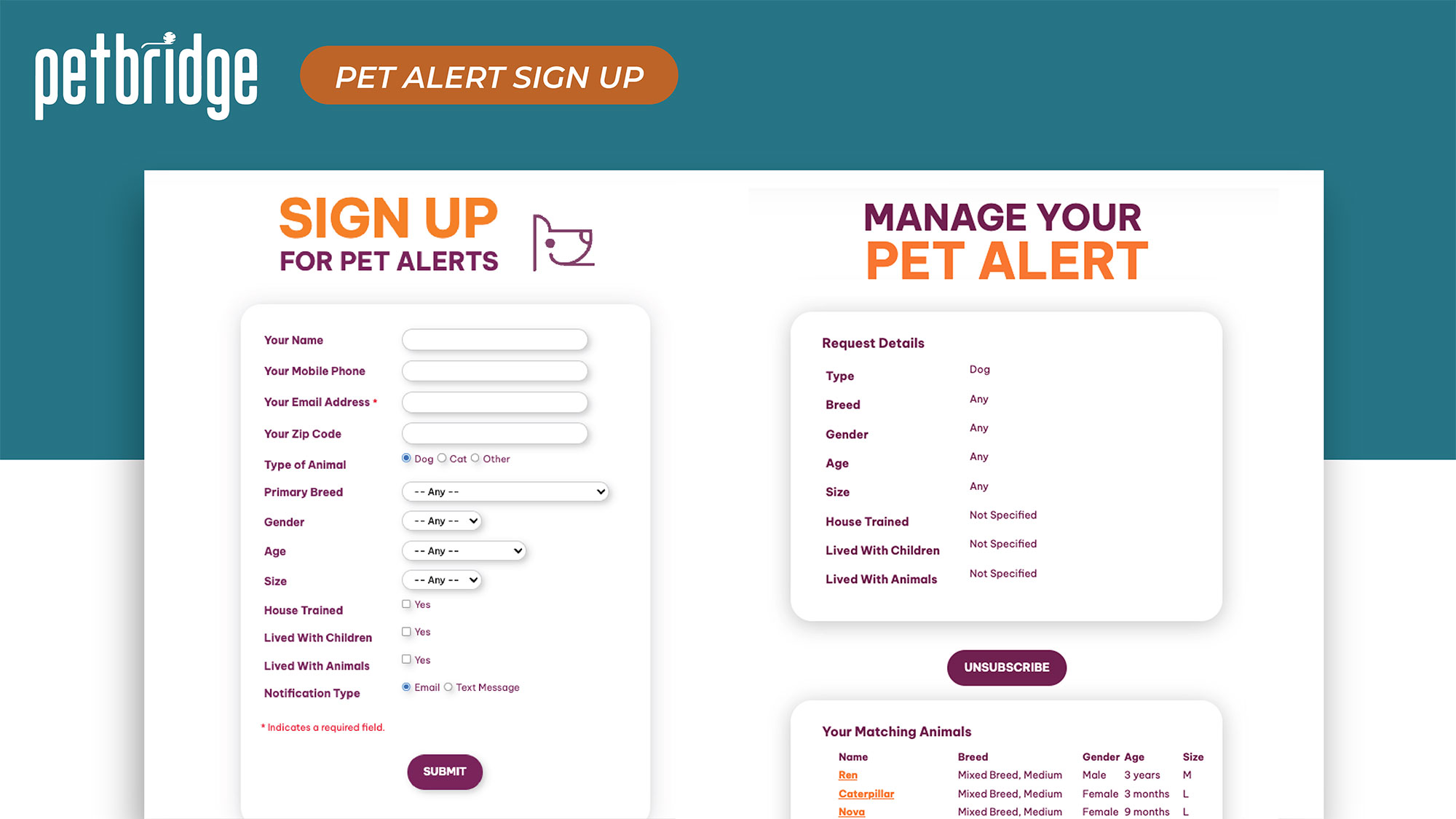 Pet Alerts signup allowing visitors to receive notifications when matching pets become available.