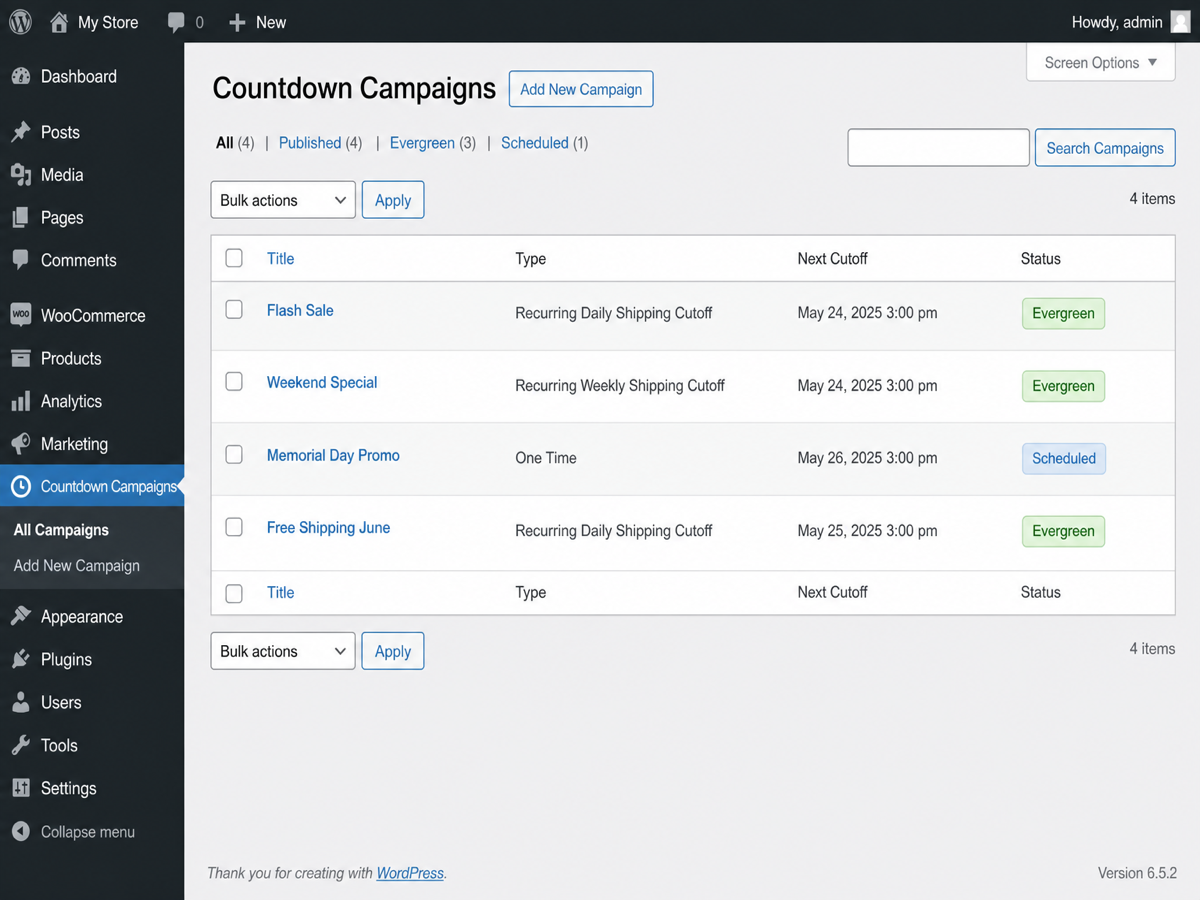 Campaign list — manage all countdown campaigns from one screen