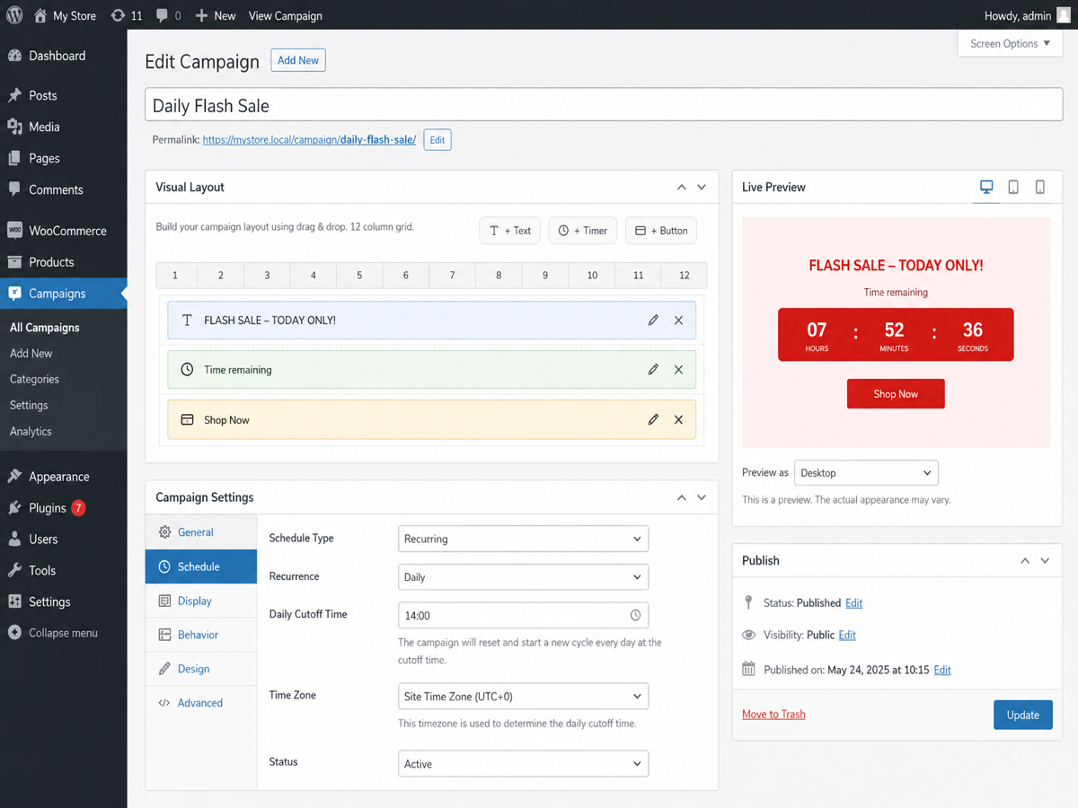 Campaign editor — recurring, fixed, and evergreen settings with visual layout builder