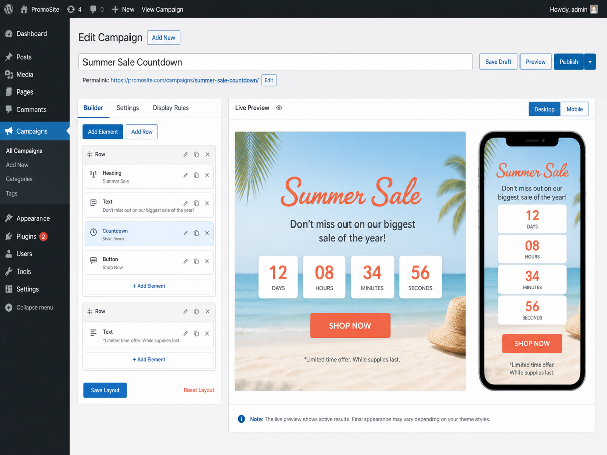 Live preview — desktop and mobile toggle in the campaign editor