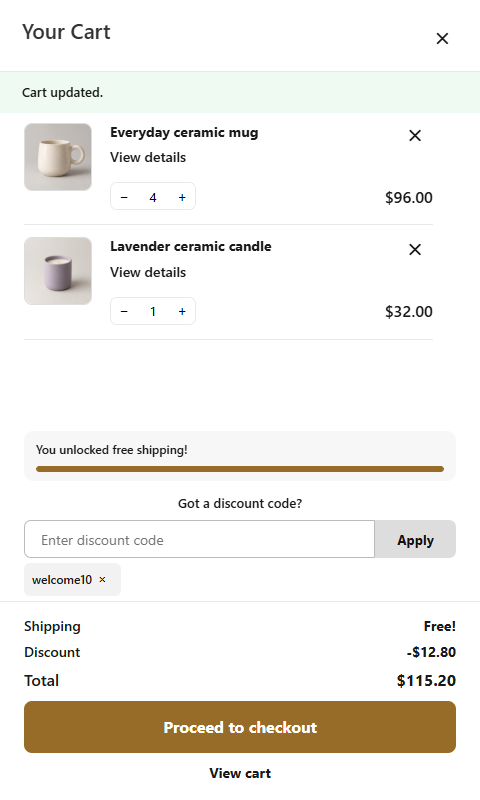 Free shipping unlocked after the cart reaches the configured WooCommerce threshold.