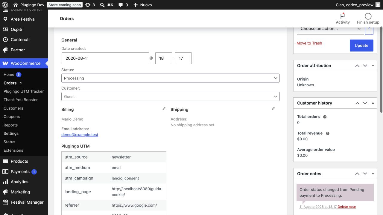 Campaign attribution displayed in a WooCommerce order.