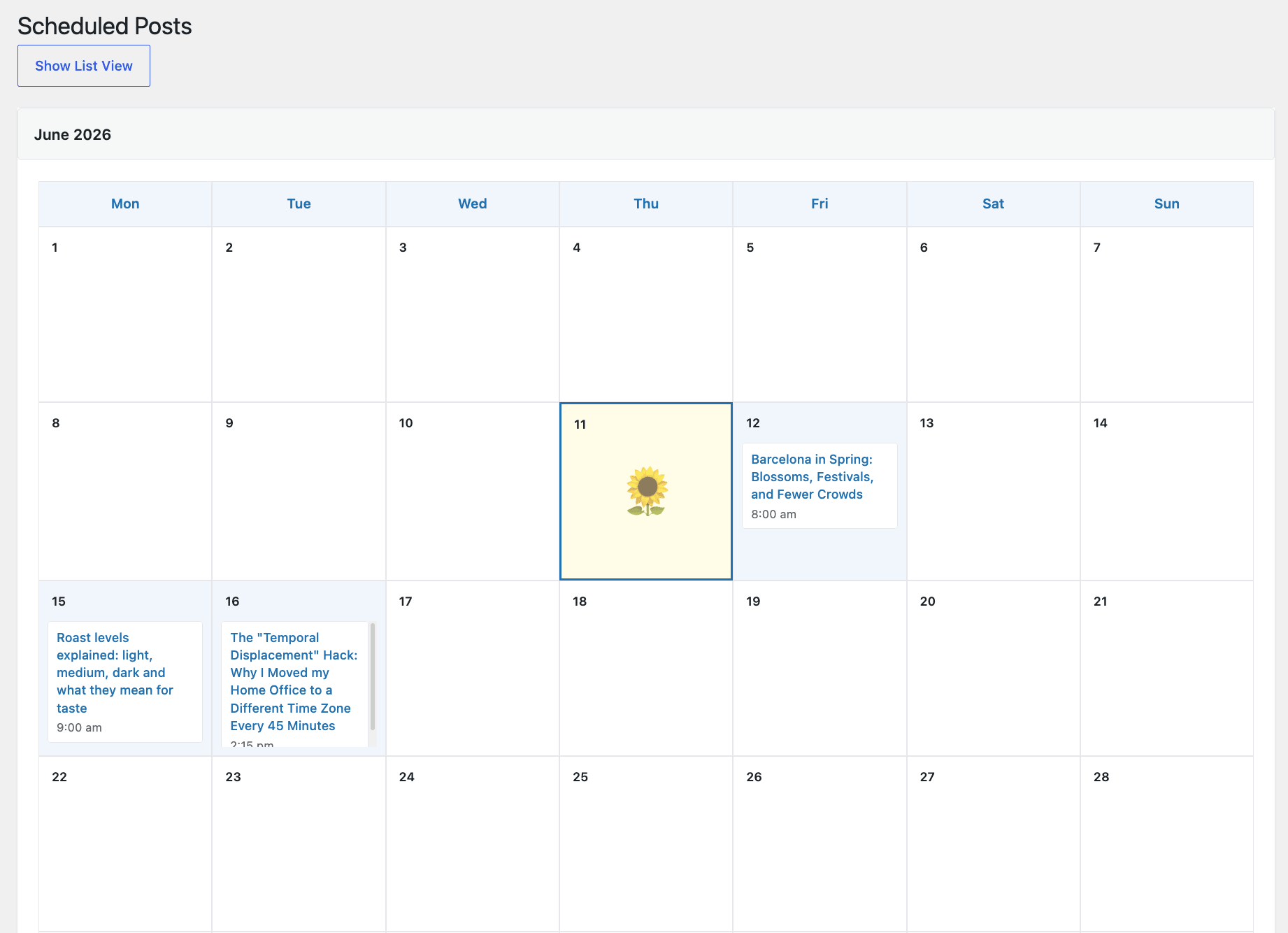 Queued Posts – calendar view