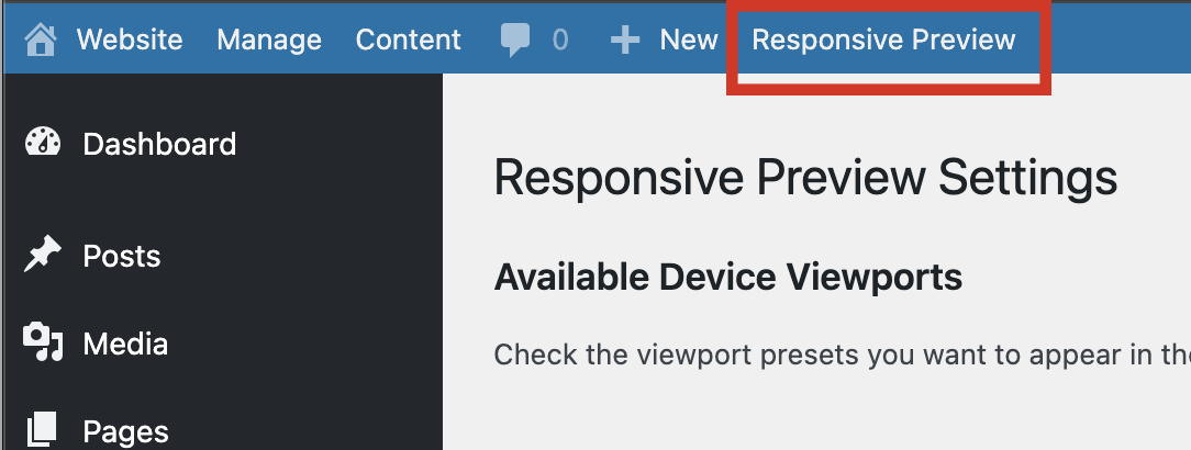 The preview interface showing the admin toolbar link, device selector, and an iPhone-sized viewport.