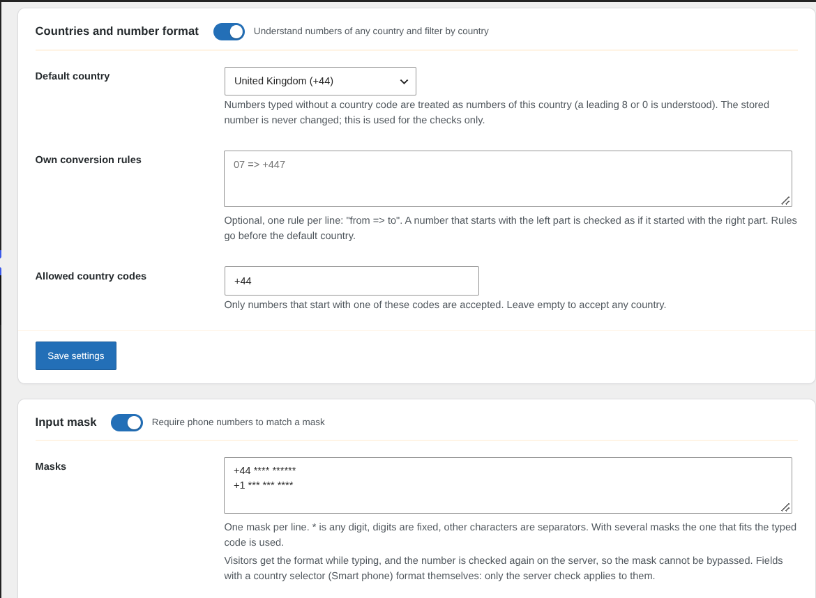 Settings: countries, number format and input mask.
