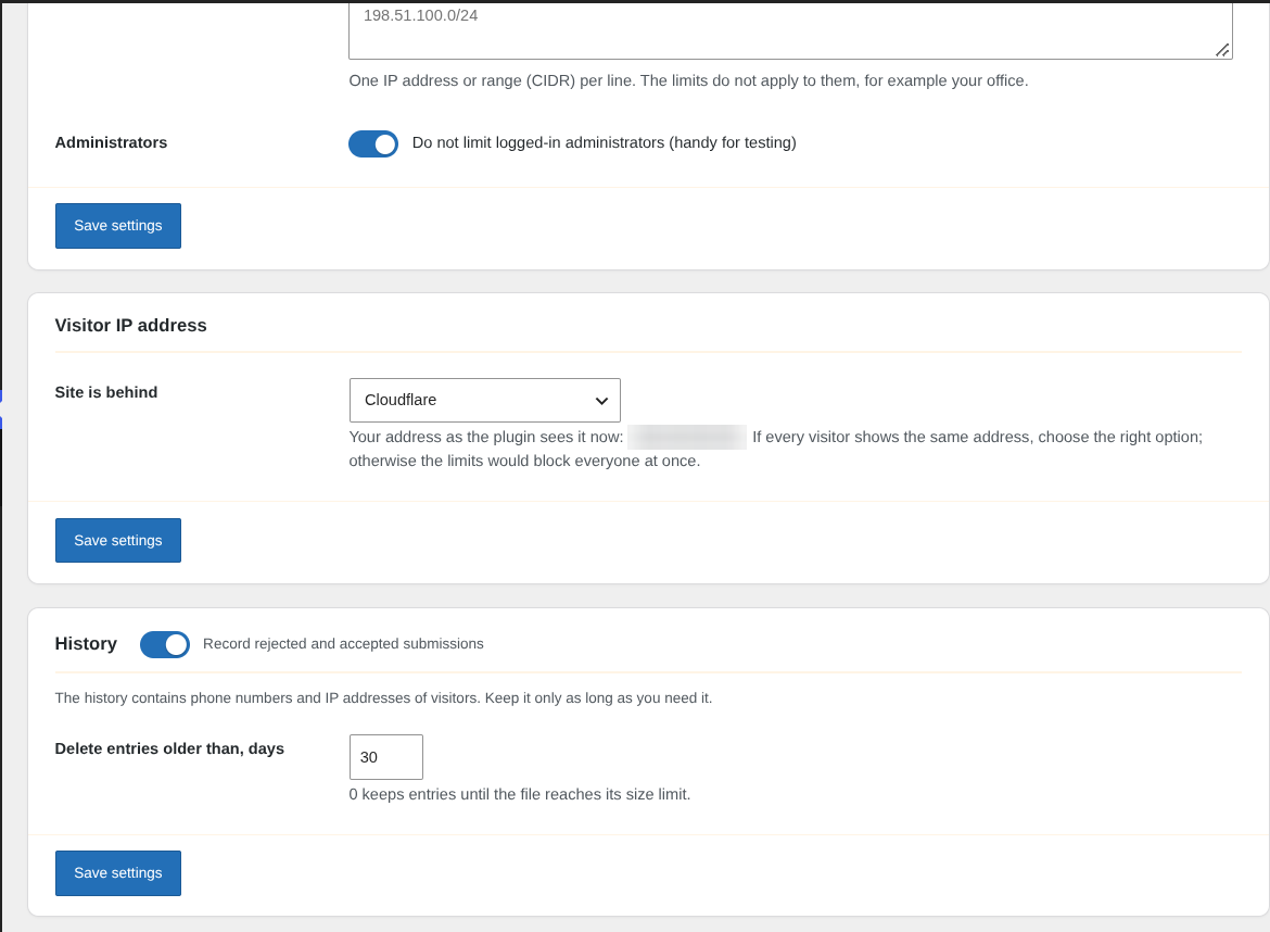 Settings: visitor IP address detection and history retention.