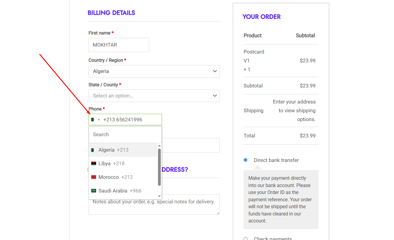 Enhanced checkout phone field with country flag.
