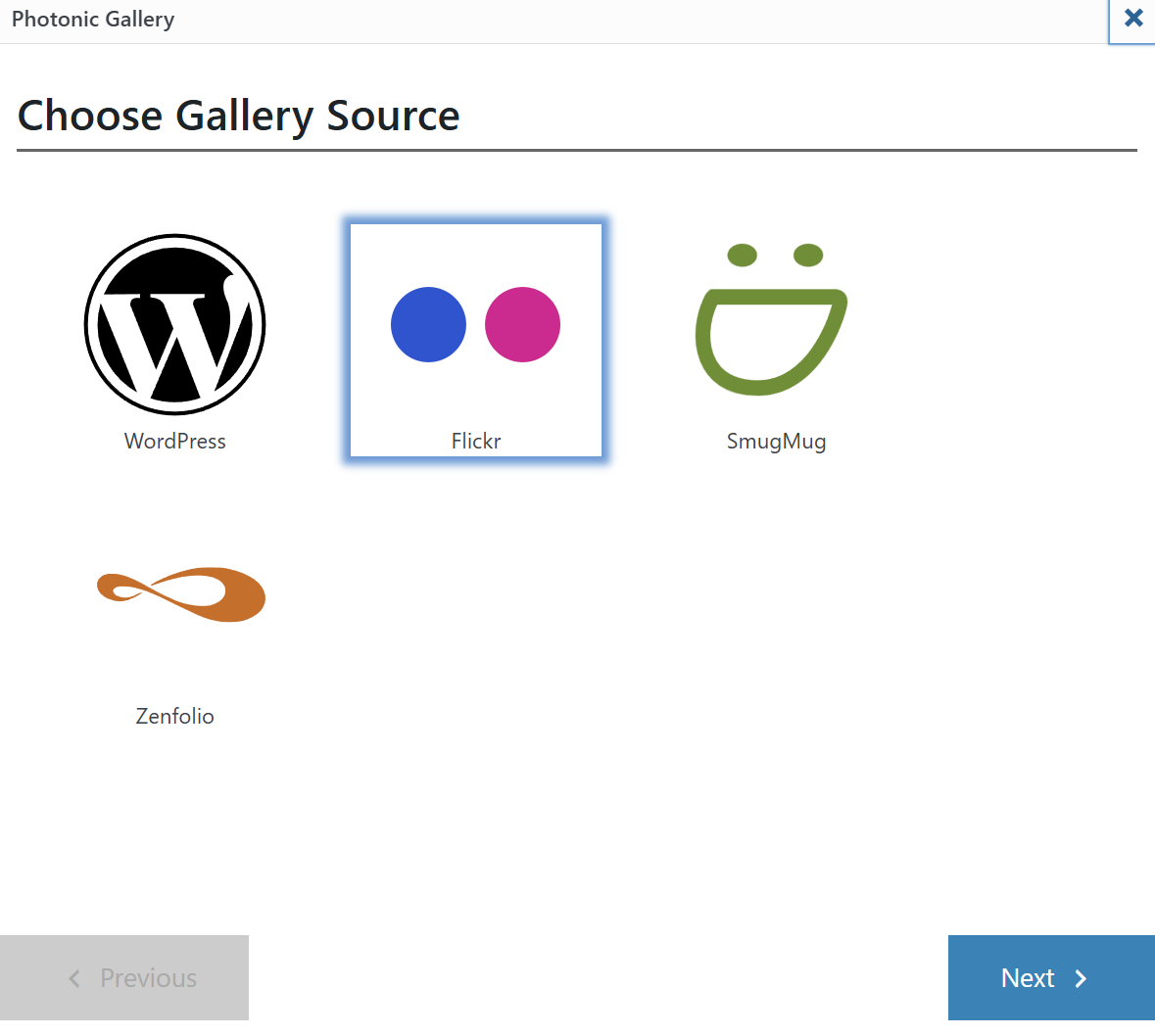 Clicking on the Gutenberg block, or on "Add / Edit Photonic Gallery" shows a wizard for you to build out your gallery.