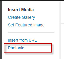 If you click on "Add Media" you will see a new tab for "Photonic". This is not available for Gutenberg.