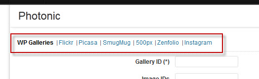 Clicking on the "Photonic" tab will show you new tabs, one for each type of gallery. Fill out what you need and click "Insert into post".