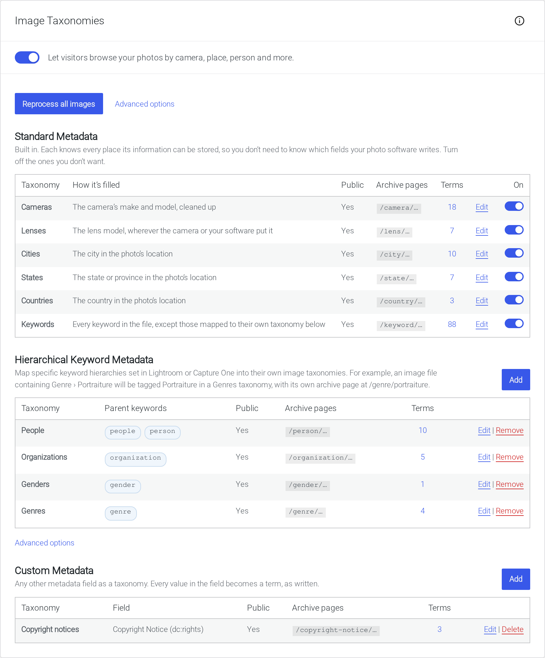Store embedded image meta-data into custom image taxonomies