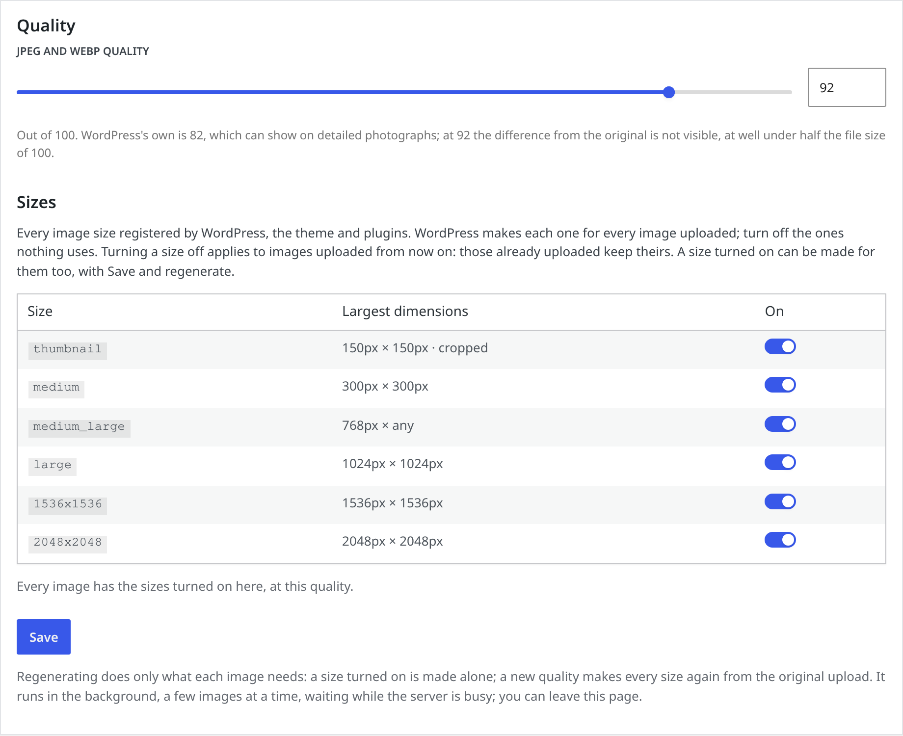 Image Sizes tab: the quality images are saved at, and the sizes made