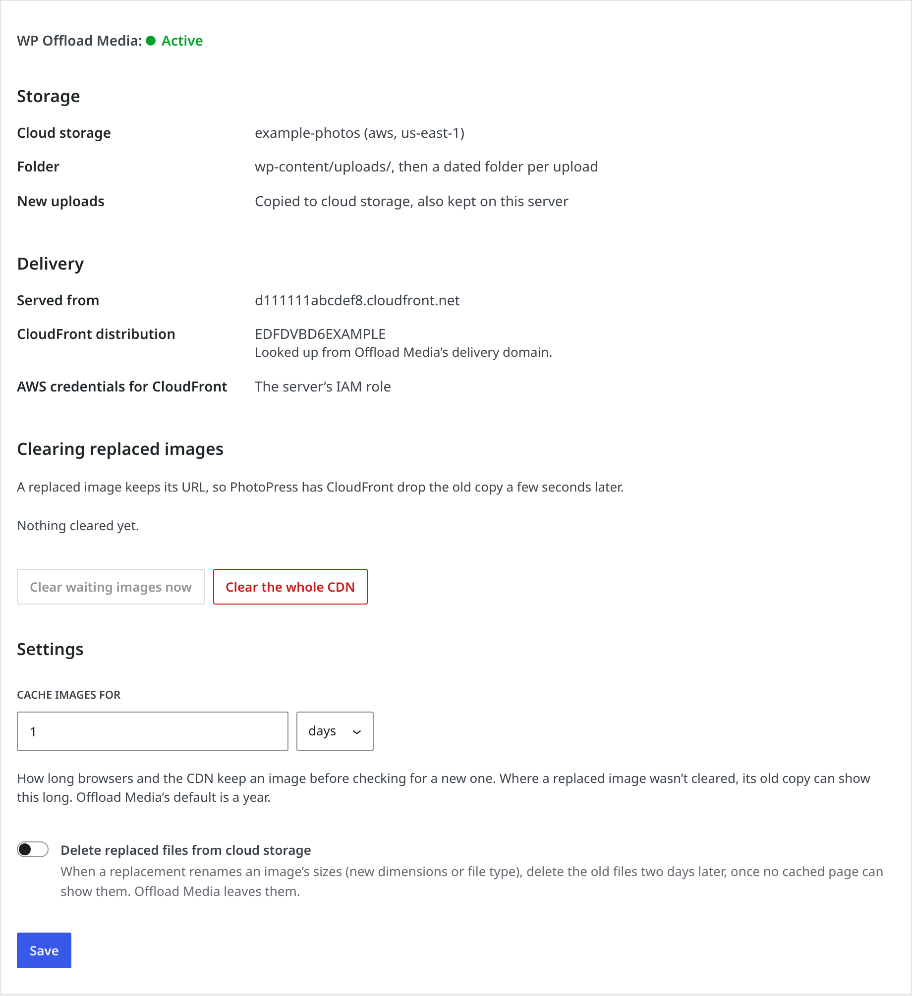 Offload Media tab: where images are stored and served from, their cache lifetime, and clearing replaced images from CloudFront