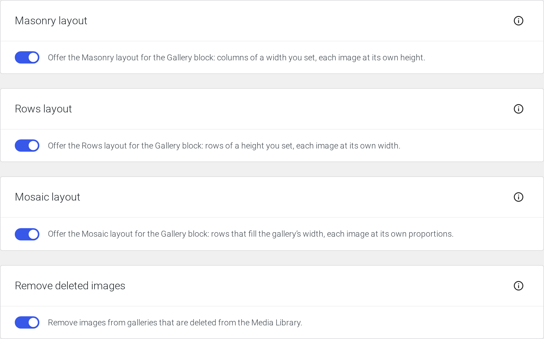 Gallery tab: the layouts offered in the editor, and removing deleted images from galleries
