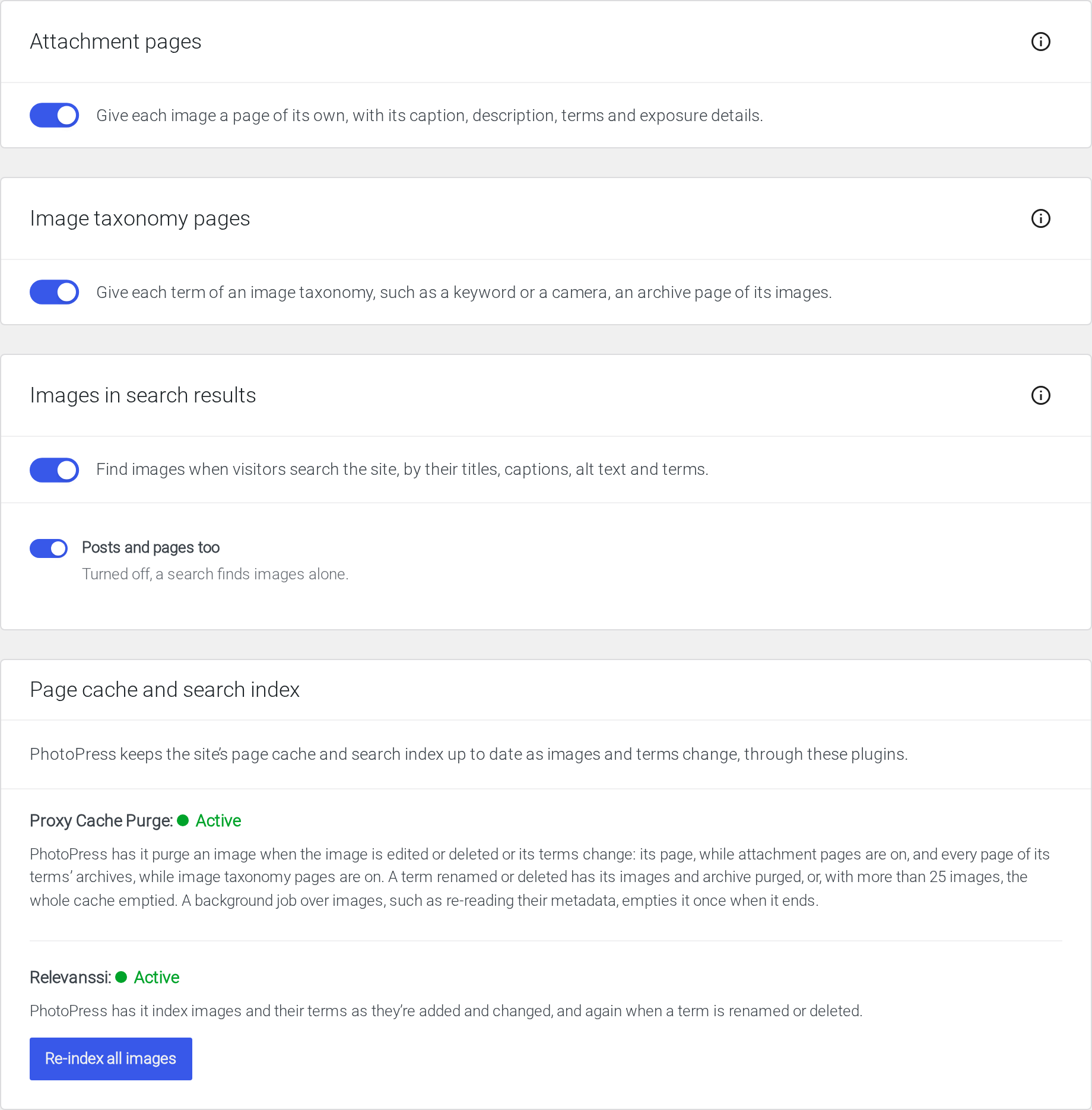 Pages & Search tab: attachment pages, image taxonomy pages, images in search results, and the page cache and search index