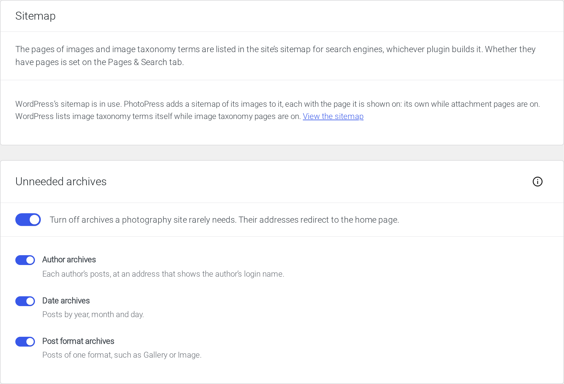 SEO tab: the sitemap in use, and unneeded archives turned off