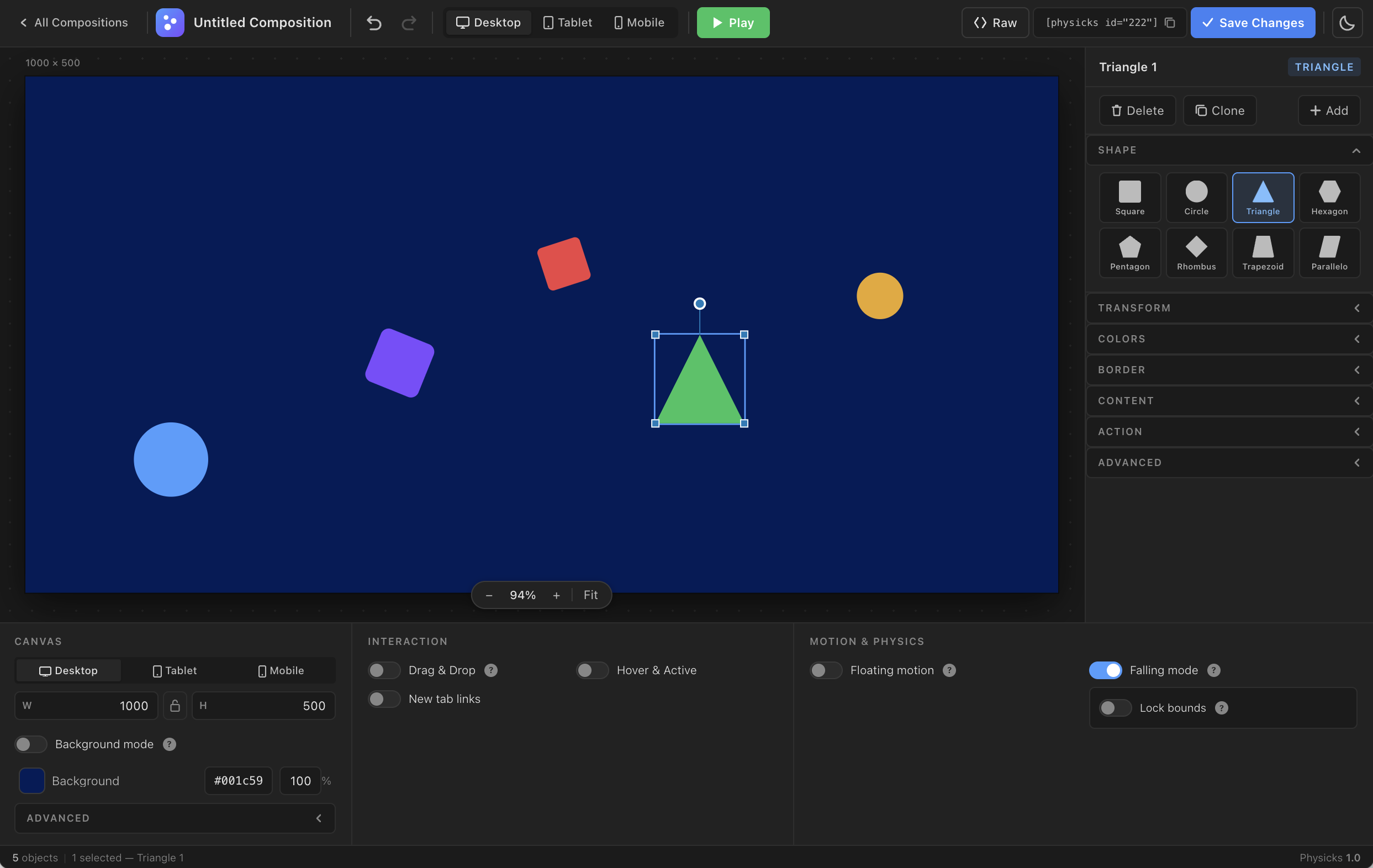 The visual editor — drag-and-drop shapes, configure physics, and preview in real time.