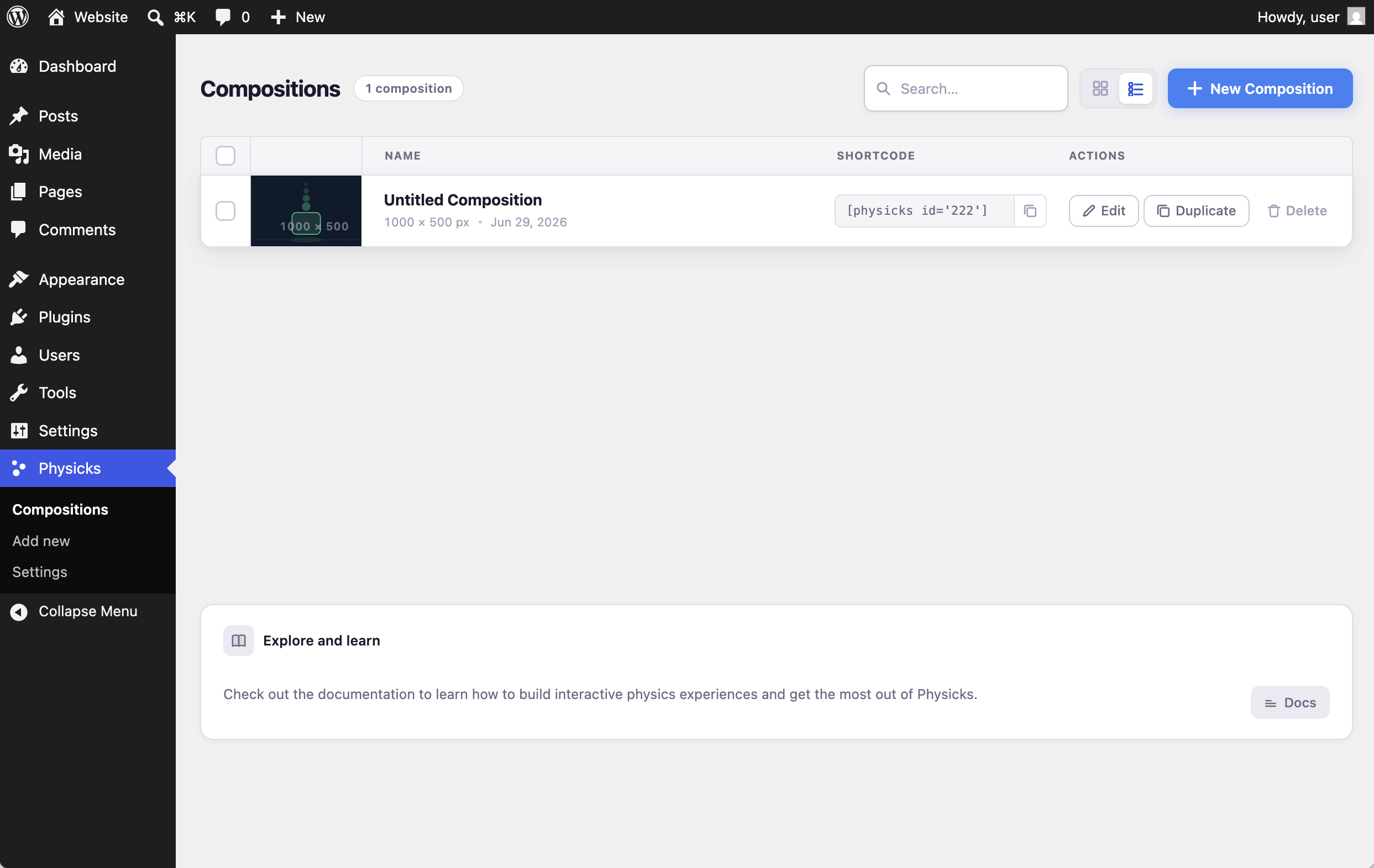Manage all your compositions in one place, with shortcodes ready to embed anywhere.