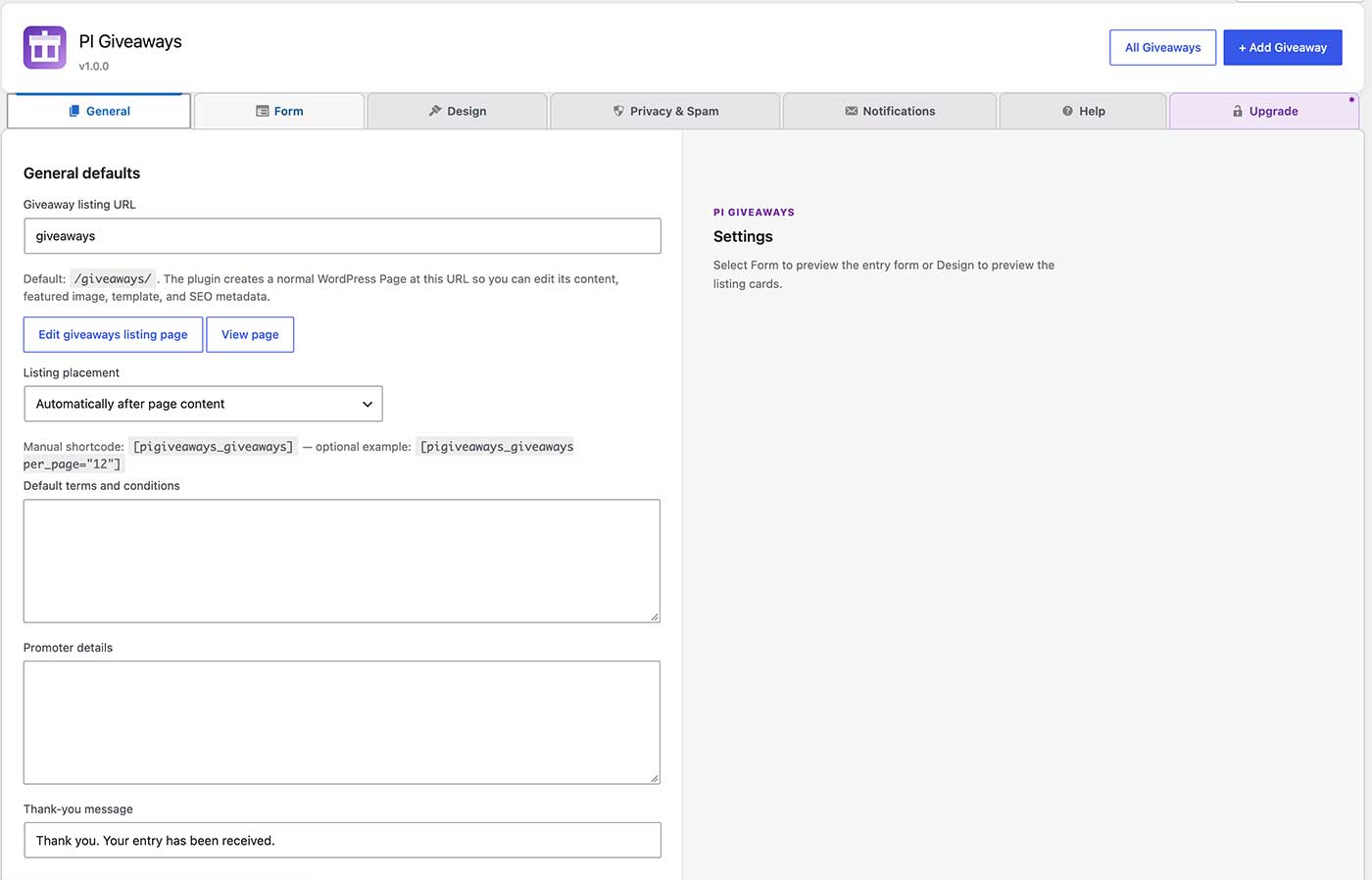 Giveaway settings