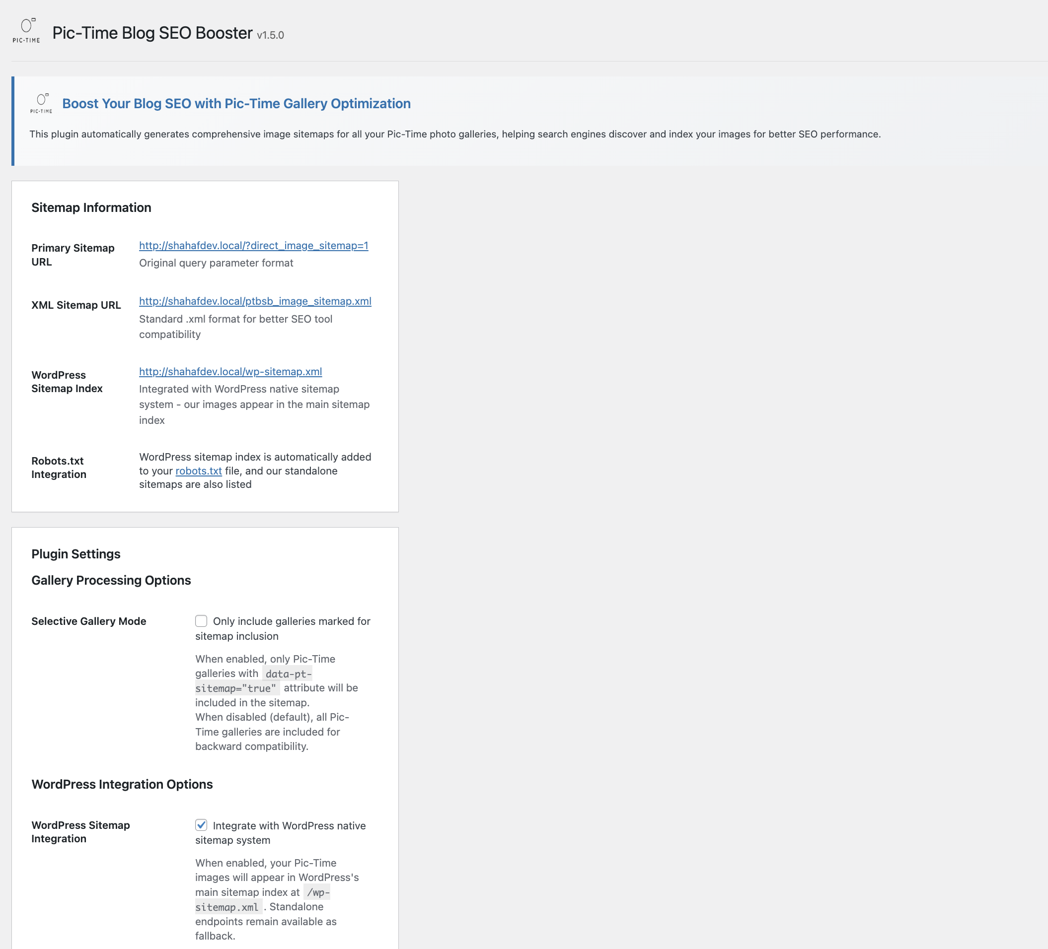 Main admin interface showing sitemap URLs and system information