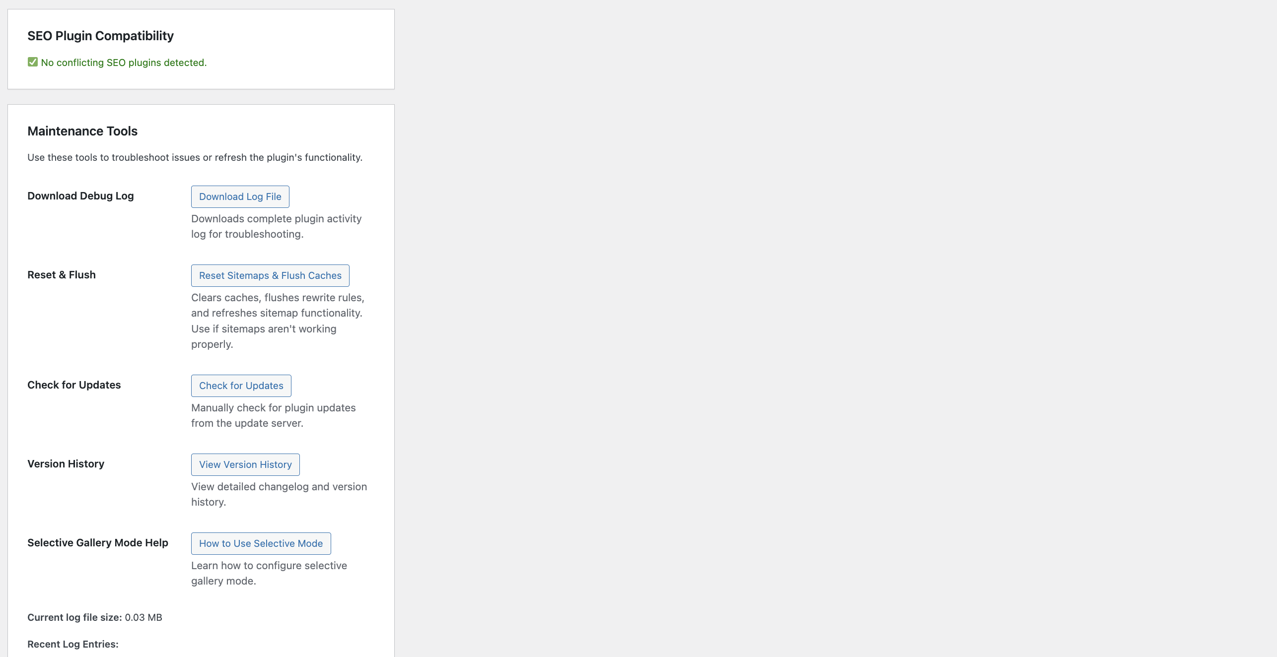 Plugin settings with selective gallery mode and WordPress integration options