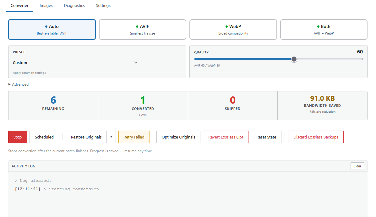 Converter tab — format selector, quality slider, live stats (remaining, converted, skipped, bandwidth saved), and activity log.