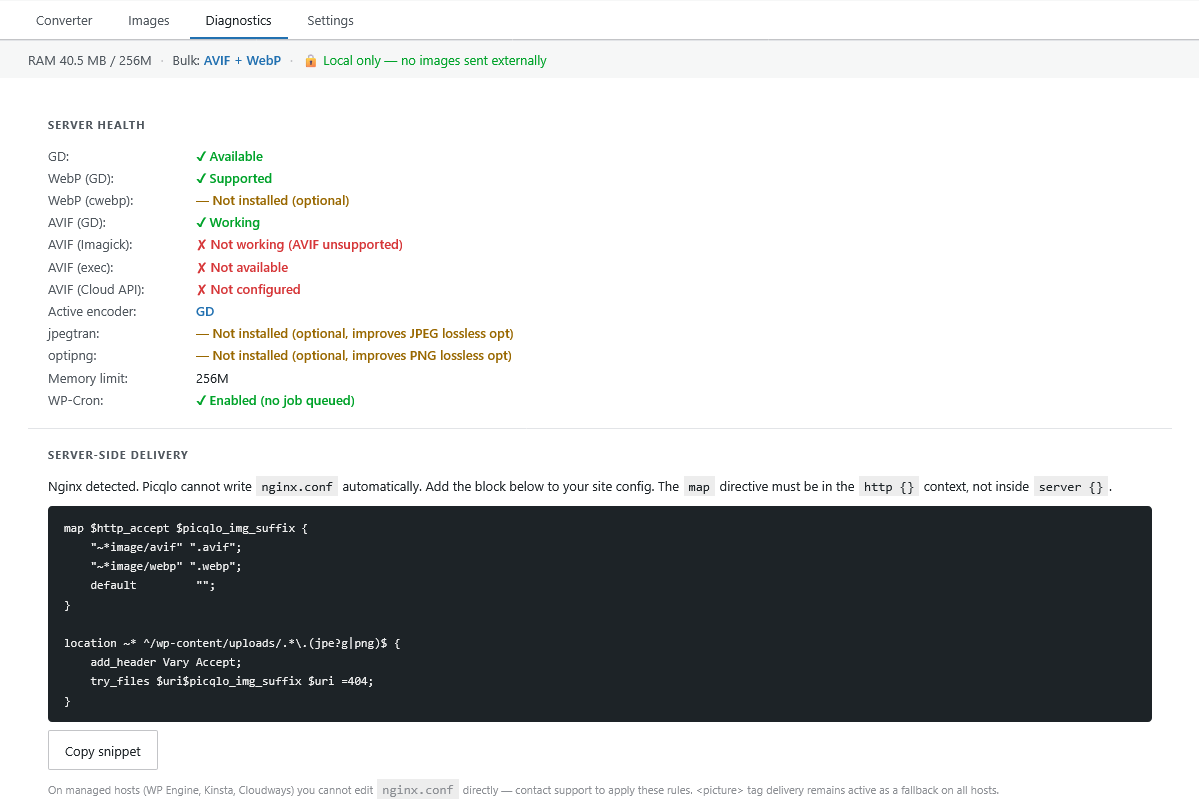 Diagnostics tab — server health (encoder support, WP-Cron, memory limit) and server-side delivery configuration.