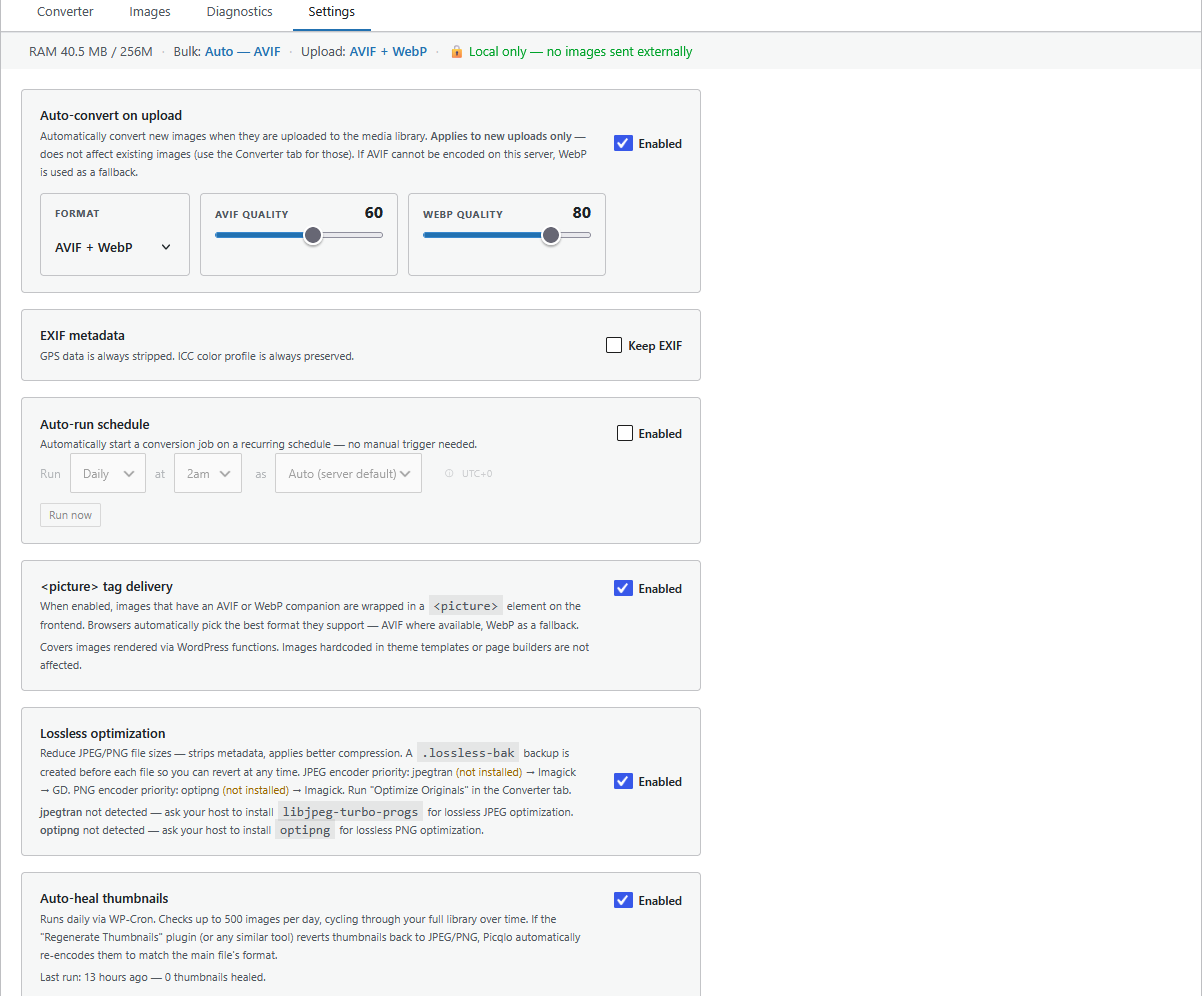 Settings tab — auto-convert on upload, quality controls, auto-run schedule, picture tag delivery, lossless optimization, and auto-heal.