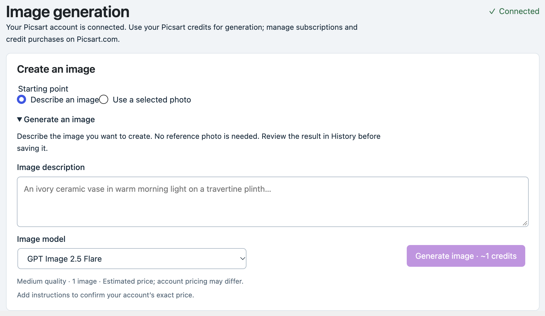 Generate an image from a text description.
