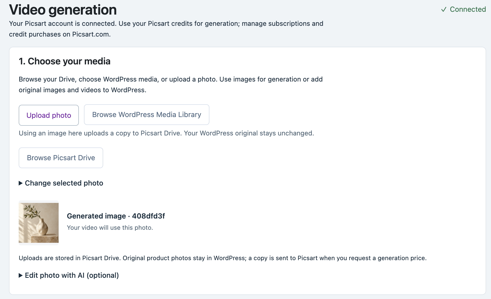 Upload, Media Library and Picsart Drive sources.