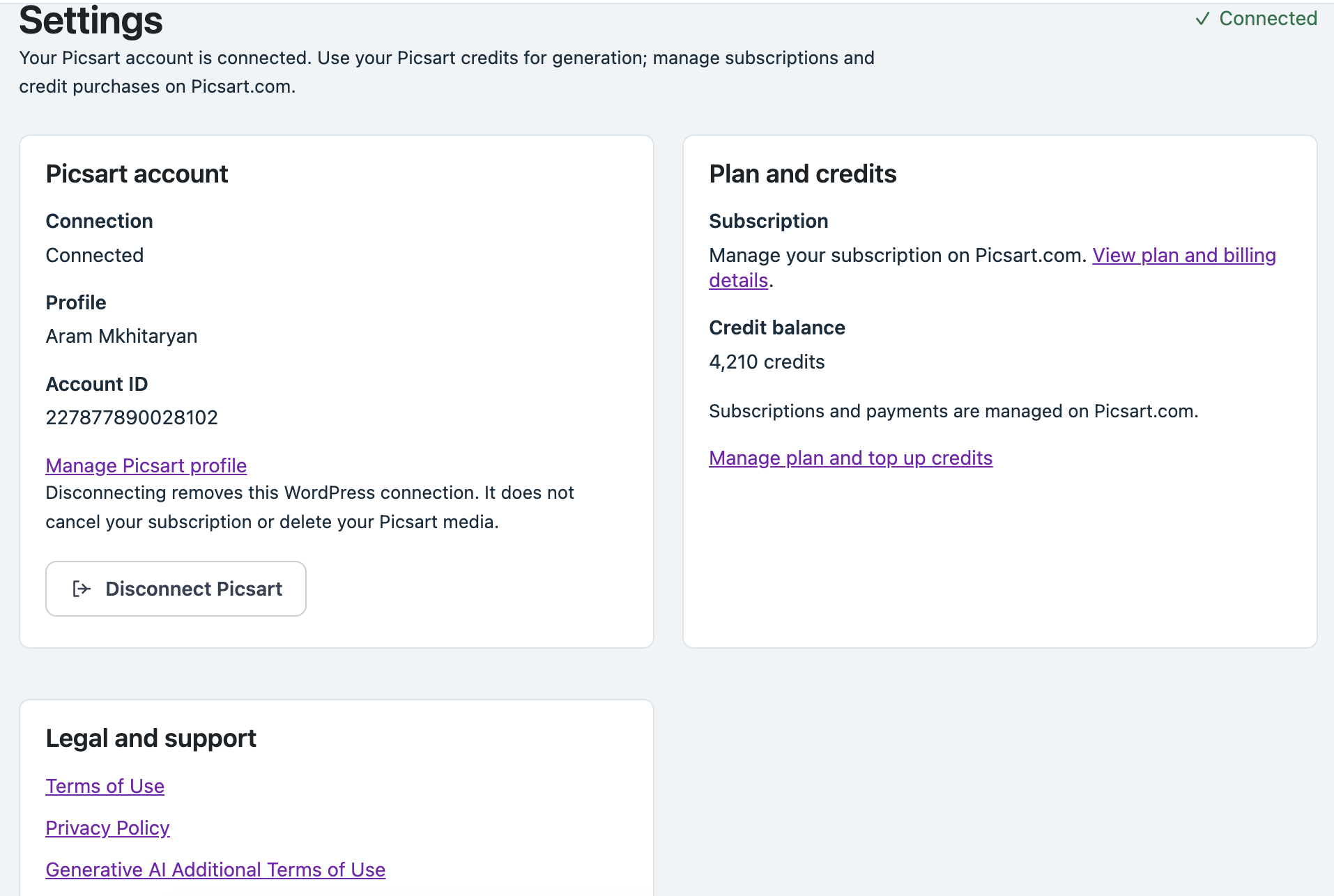 Connected Picsart account settings, credit balance and support links.