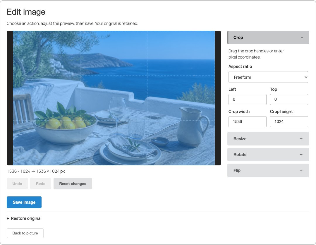 Frontend crop, resize, rotate and flip editor.
