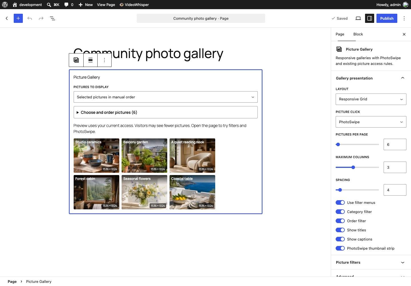 Native gallery block with selected images, layout controls and an authorized preview.