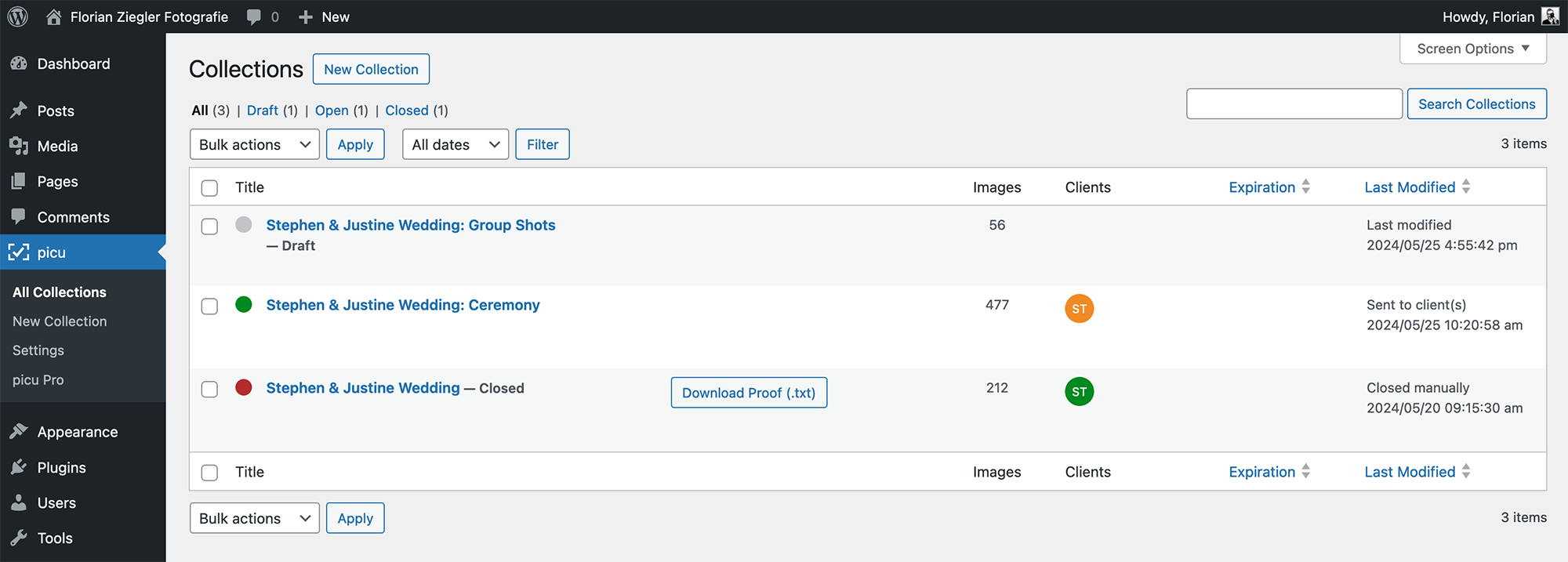 Collection overview, with status indicators for open and closed collections.