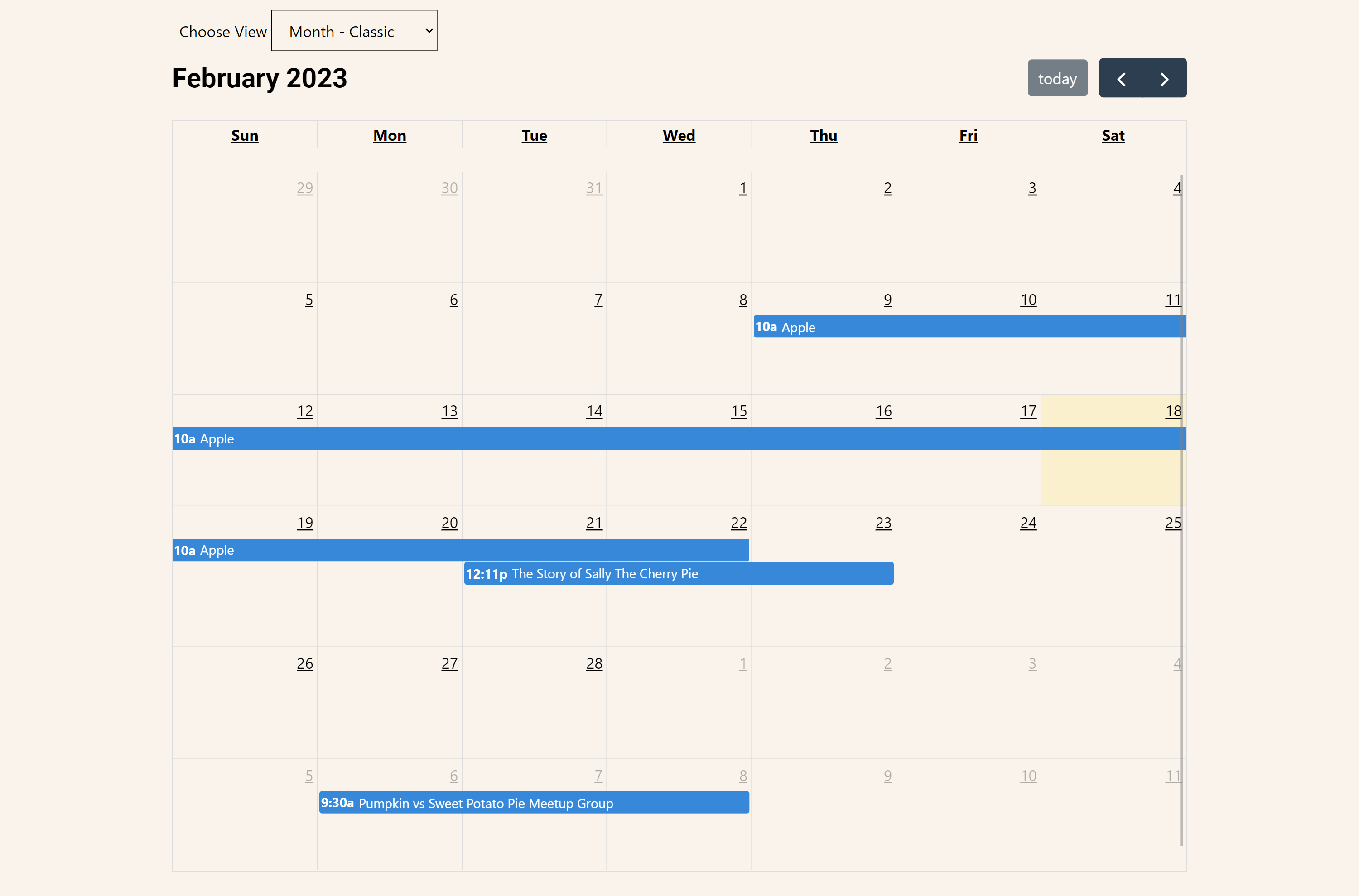 Front-end interface of Pie Calendar, inheriting theme styles.