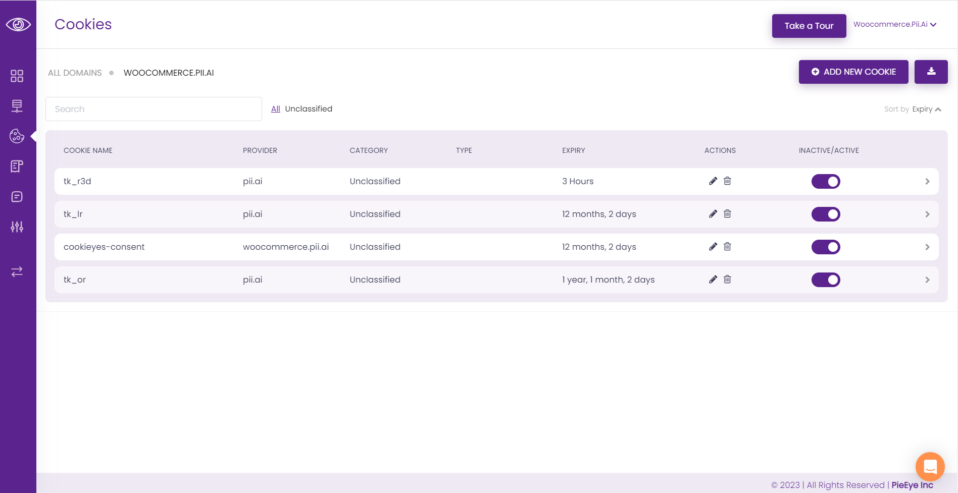 Cookies: Displays, manages cookie details.