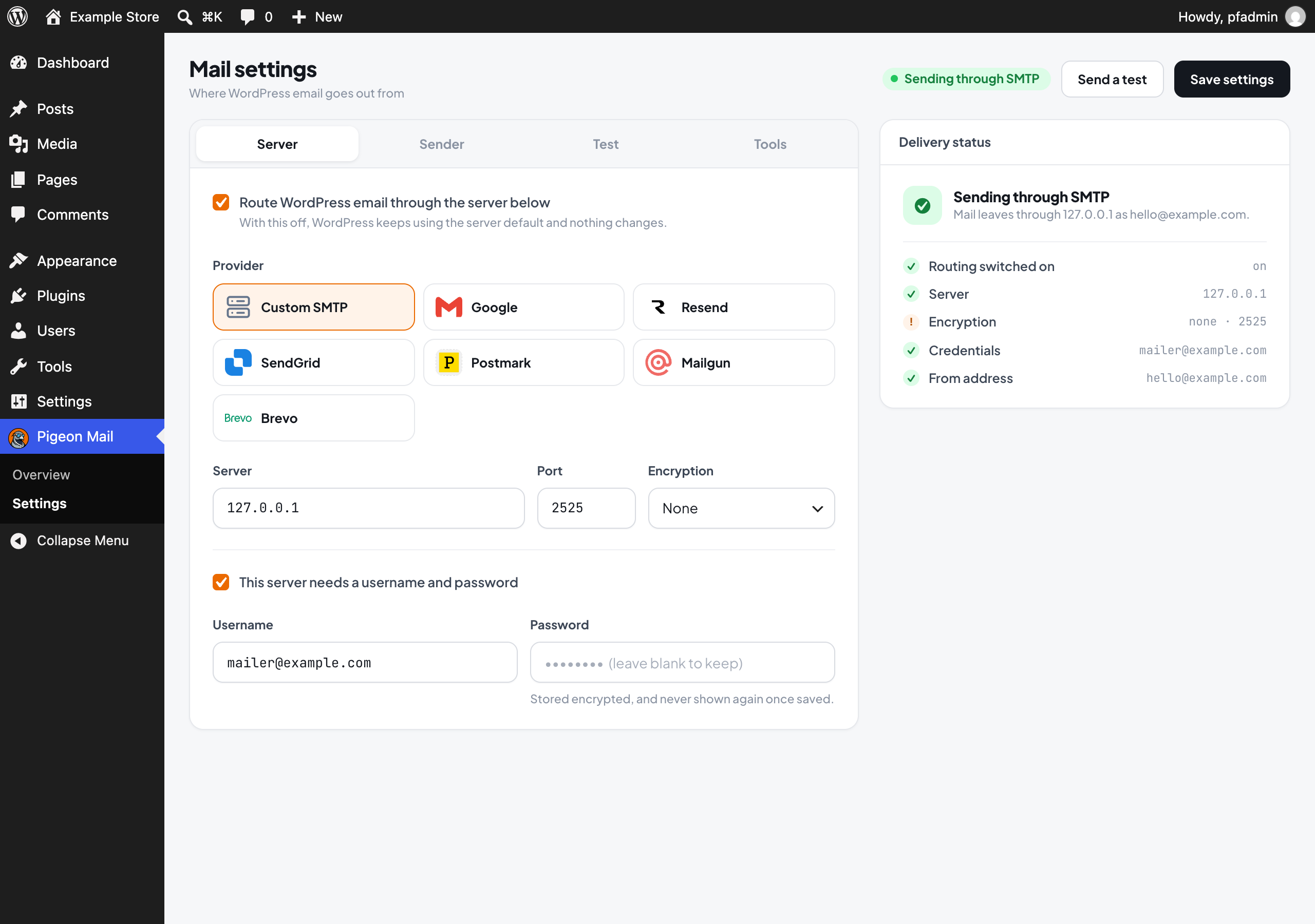 Settings screen with connection status