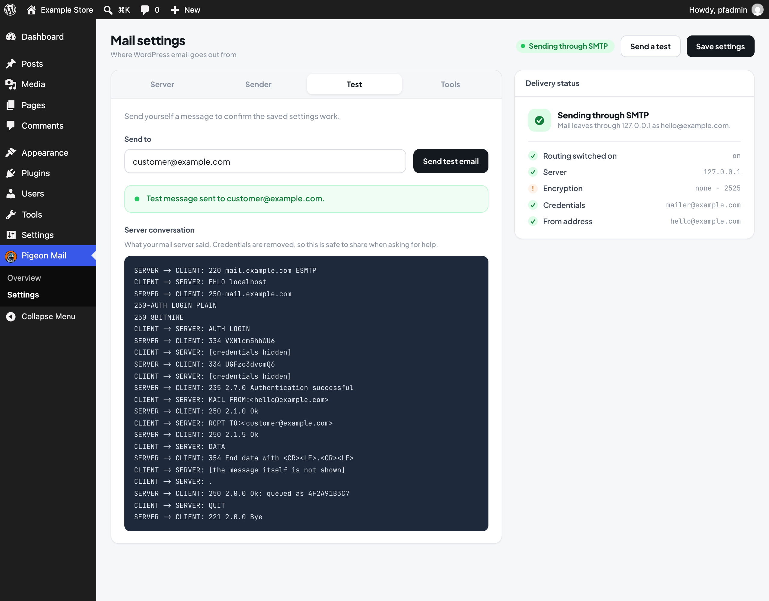 Test send showing the server conversation