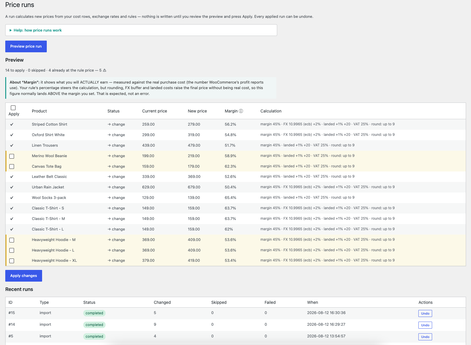 Price runs — preview every change before applying: old and new price, the resulting real margin, and exactly which parameters built each price. Large changes need a per-row tick; every applied run has one-click Undo.