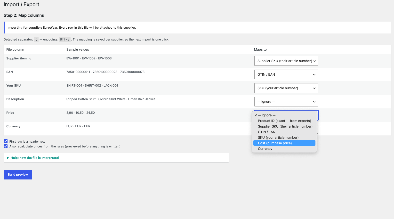 Import, step 2 — the supplier's file with auto-detected separator and encoding; map the columns once and the mapping is remembered per supplier.