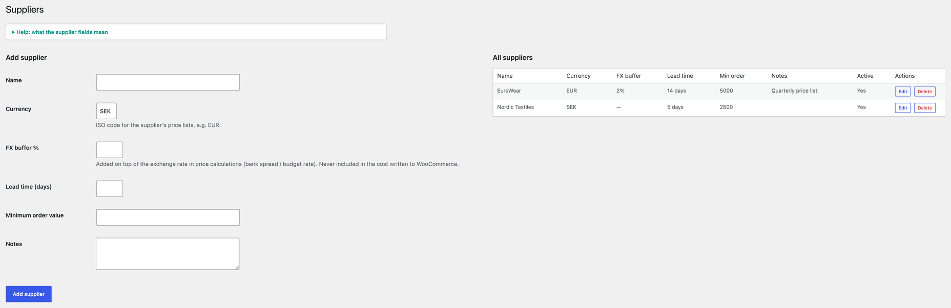 Suppliers — currencies, FX buffers, lead times and minimum order values in one place.