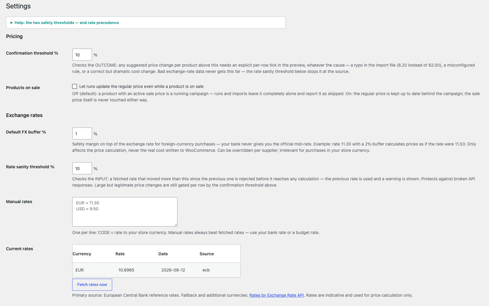 Settings — the two safety thresholds, manual exchange rates, and current rates with their source.